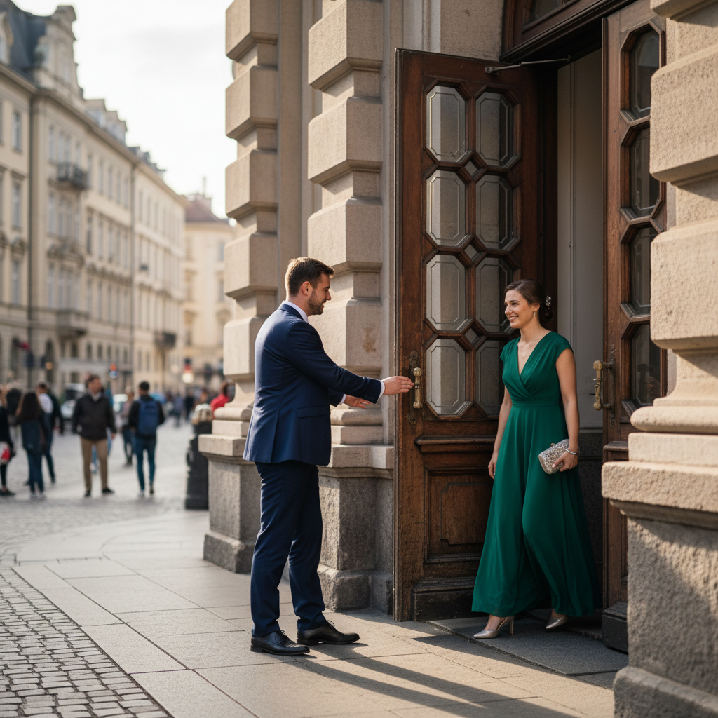 A man opening an ornate wooden door for a woman in an elegant green dress.